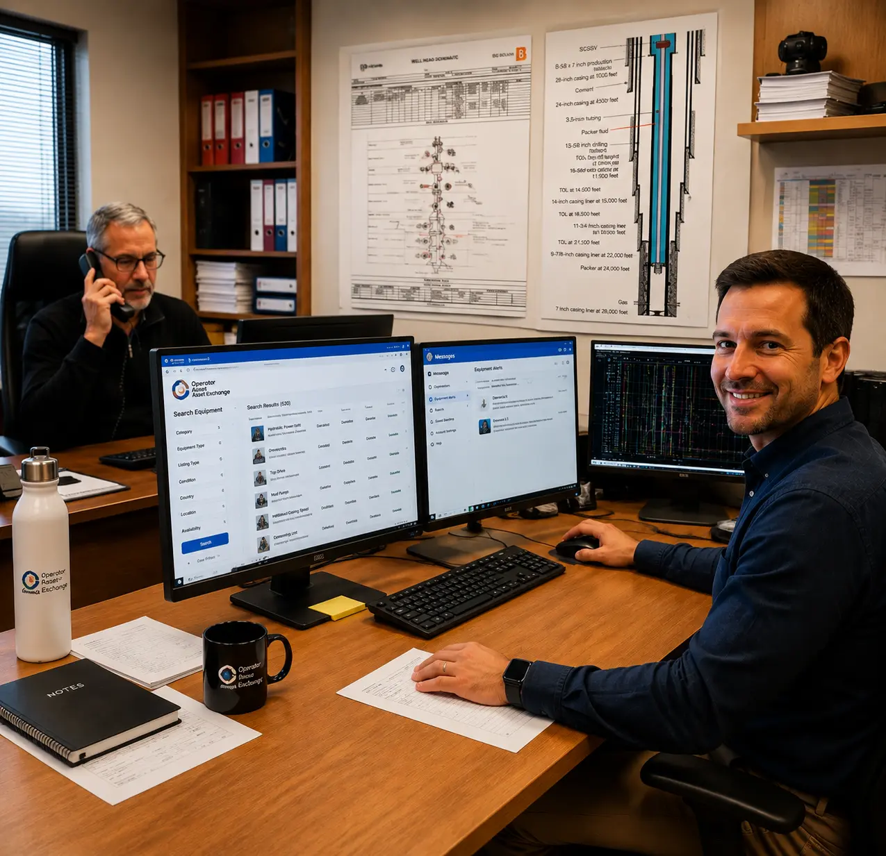 Oil and gas industry professionals reviewing equipment on the Operator Asset Exchange digital platform