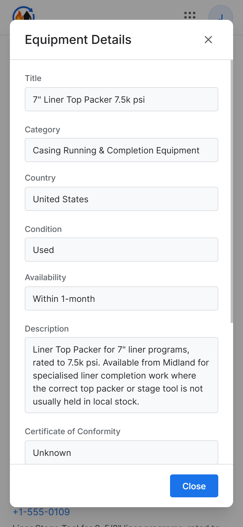 OAE View Equipment Details mobile screen