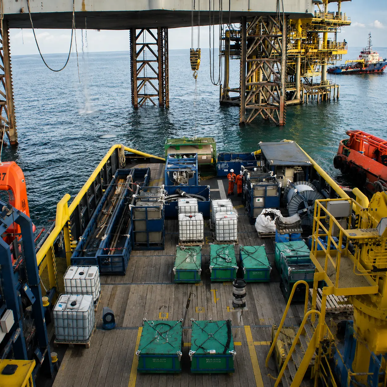 Offshore drilling platform and support vessel at sunset